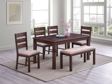 Contemporary Antique Cherry 6pc Dining Set Table And 4x Side Chairs 1x Bench Melamine Table Top Fabric Cushion Seats Chairs Solid wood Dining Room Fur